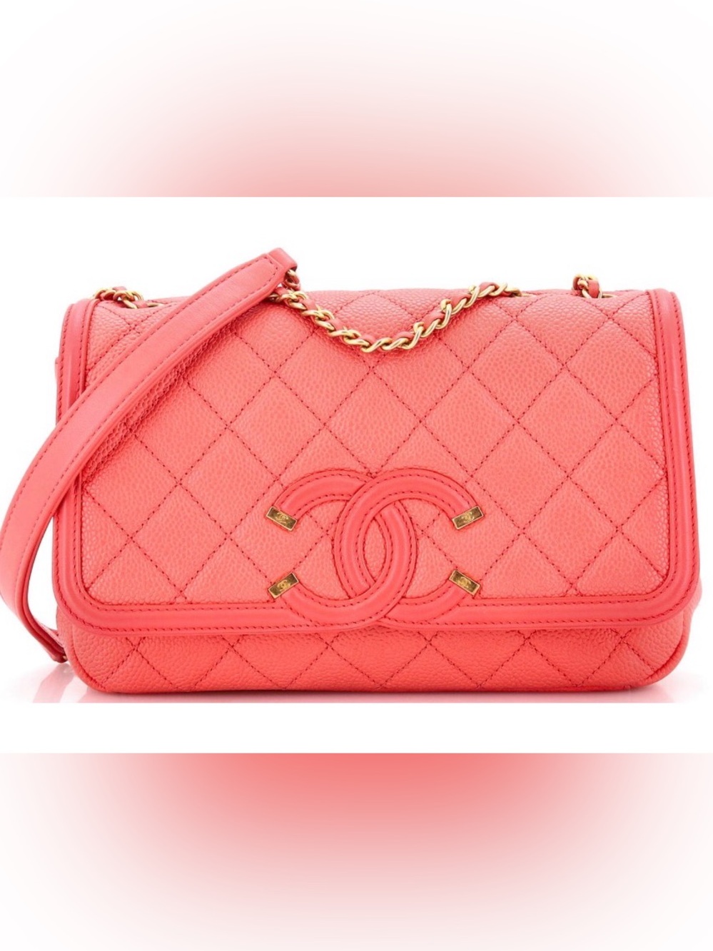 Authentic CHANEL Coral Quilted Caviar Leather Filigree Flap Bag